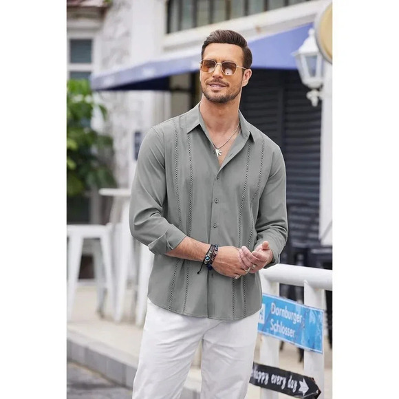 ❤️Mens Grey Cuban Shirt Casual Button Down Shirts Long Sleeve Beach  Shirts - Picture 3 of 7